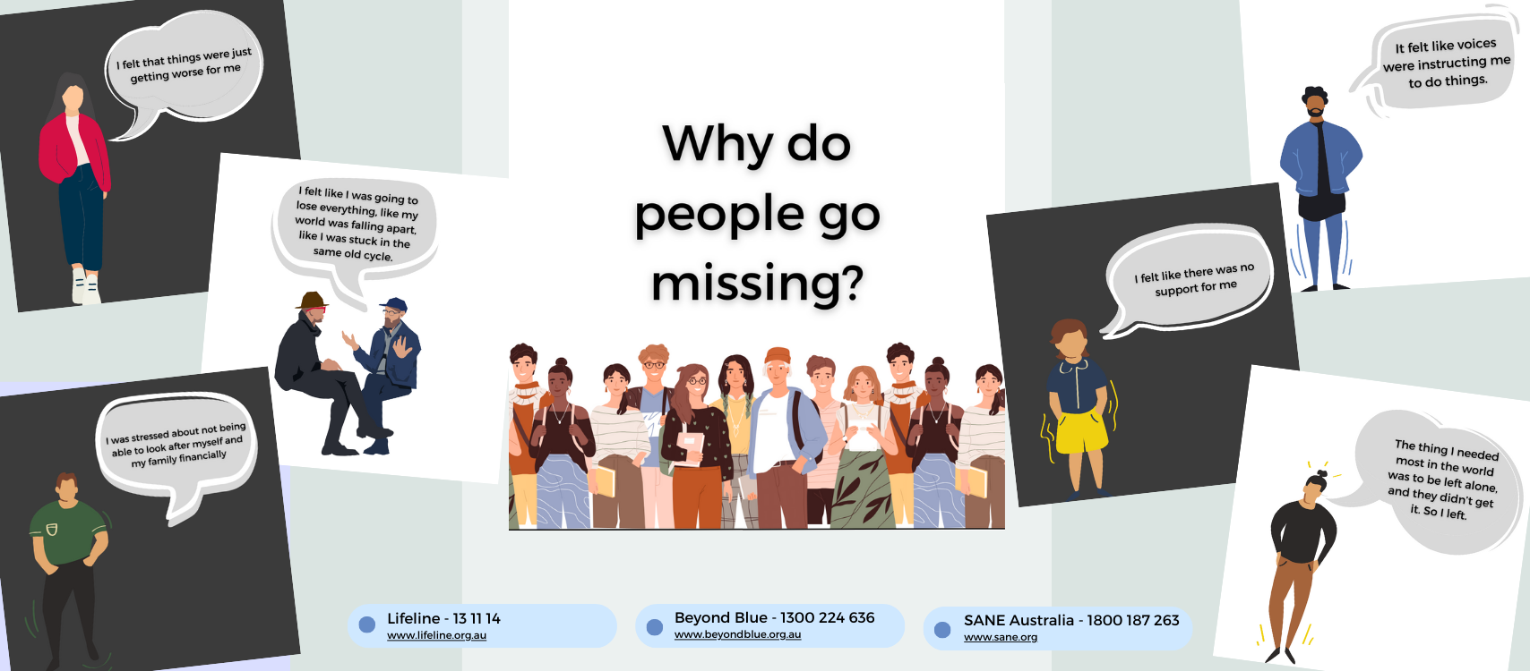 Collection of cartoon images with speech bubbles about why people go missing