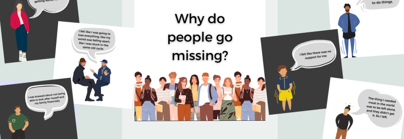 Collection of cartoon images with speech bubbles about why people go missing